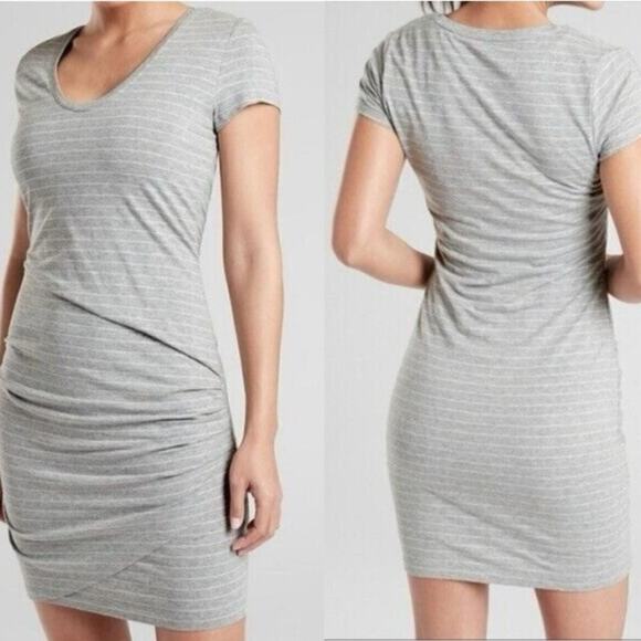 ATHLETA Central Stripe Ruched Mini Dress Short Sleeve Striped Athleisure Size M - Picture 1 of 12